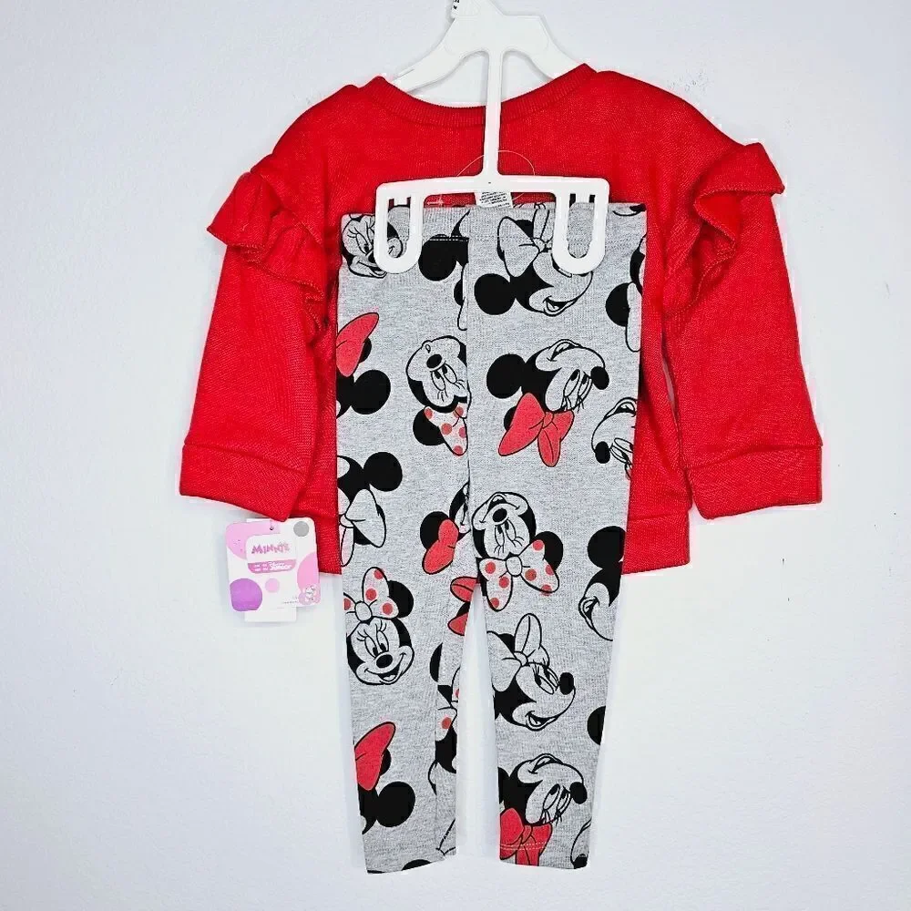 New! Disney Minnie Mouse Ruffle Sweatshirt Leggings Baby Girl Matching Set